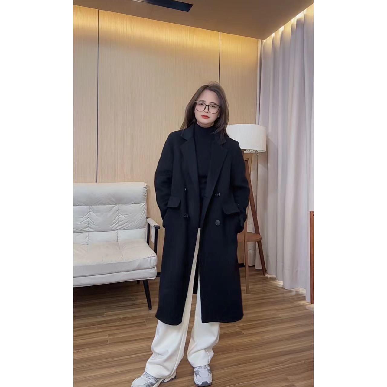 小个子法式西装领秋冬加厚保暖拼接毛呢外套毛呢女装呢大衣