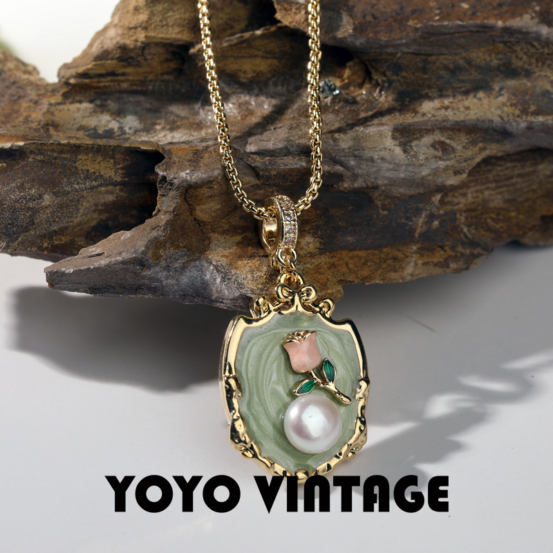 铜合金珐琅项链 郁金香油画风欧美花朵珍珠项链配饰轻奢毛衣链