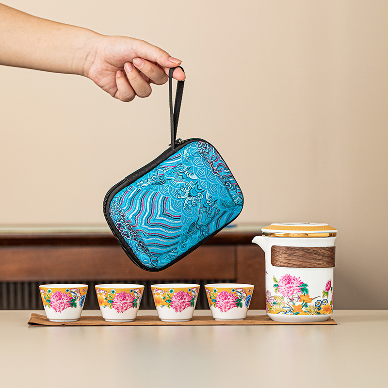 C056旅行茶具便携式户外露营旅游泡茶陶瓷一壶四杯快客杯创意伴礼