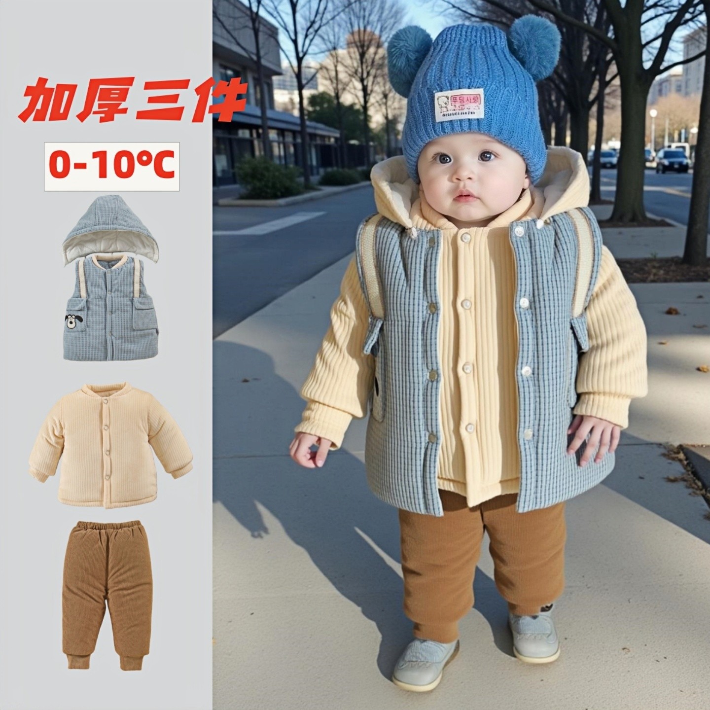 男宝宝秋冬装一岁婴儿衣服三件套装加厚保暖连帽分体棉衣冬季卡通