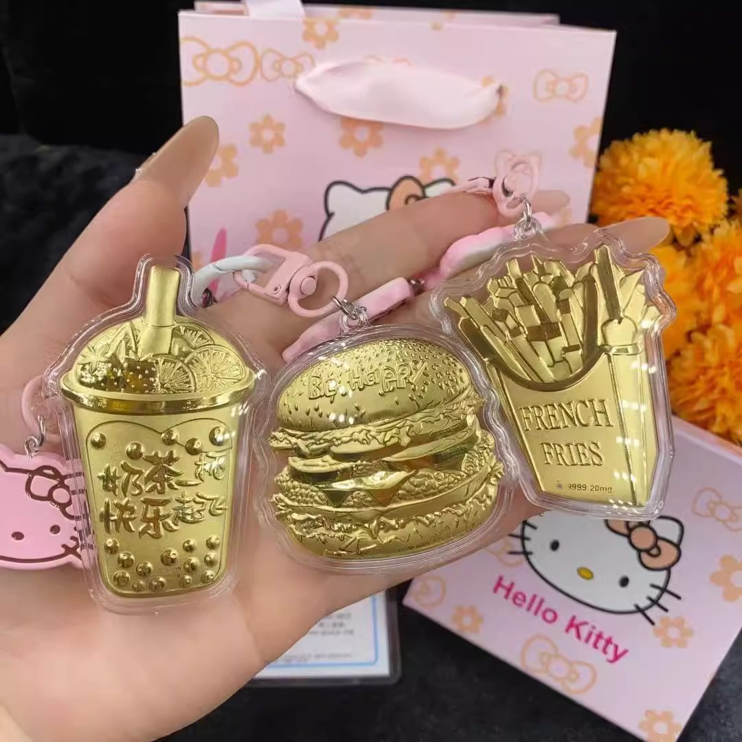 水贝爆款含金999奶茶KT猫钥匙扣手机挂件含金片包挂件送亲戚朋友