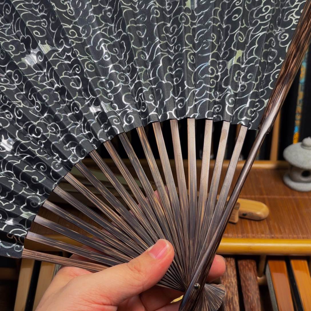 扇子全棕祥云银色