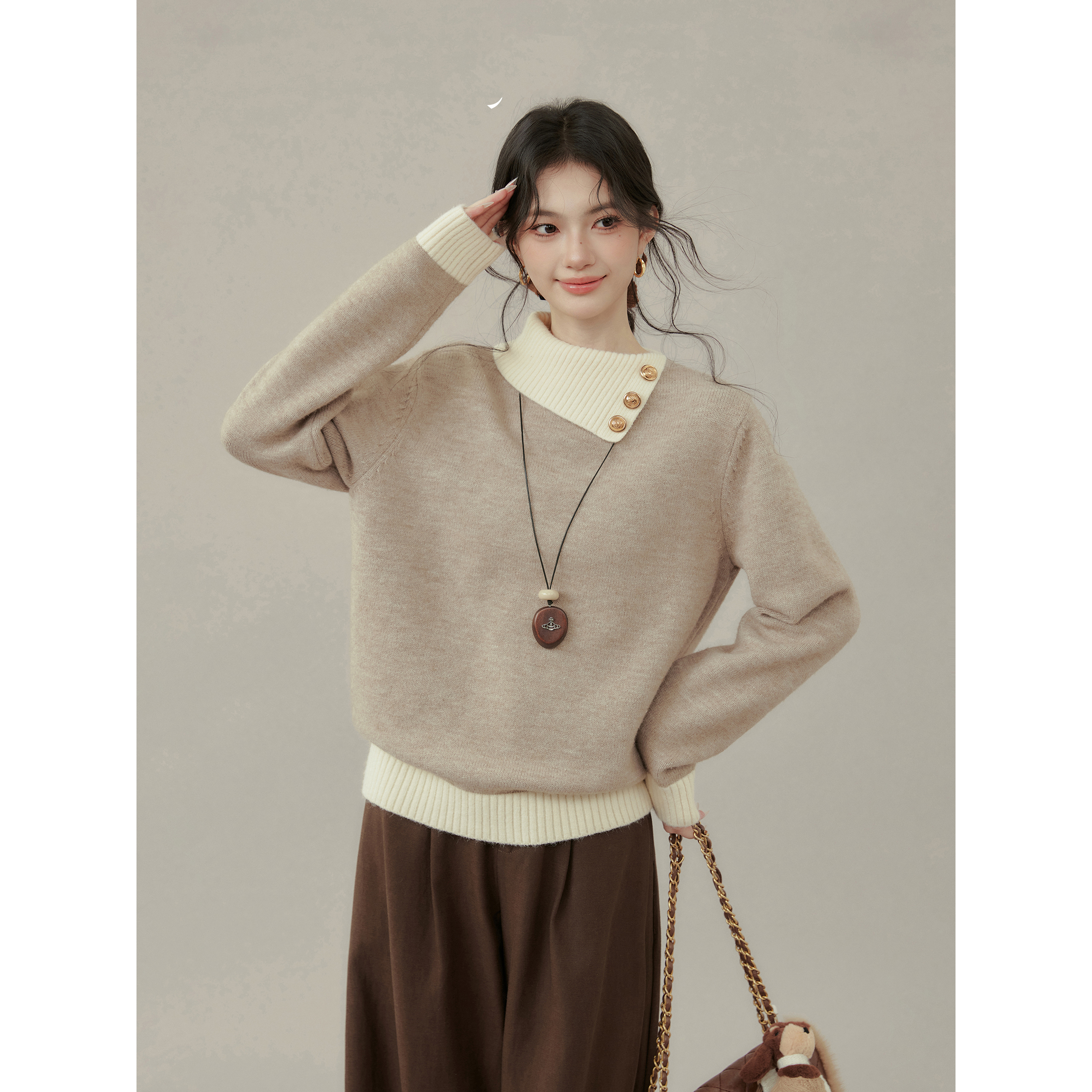 【大码】1456《 未眠夜》设计感撞色翻领针织毛衣