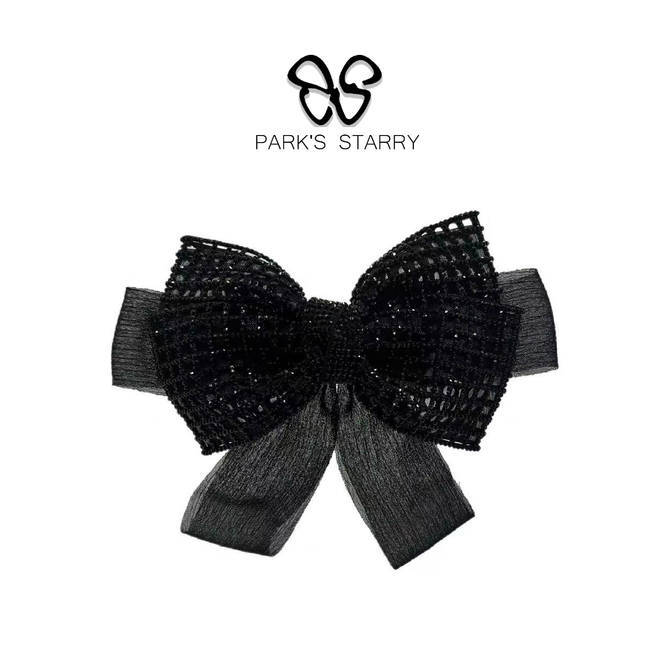 GREBUTY 5781 黑色双层细闪格纹蝴蝶结弹簧夹