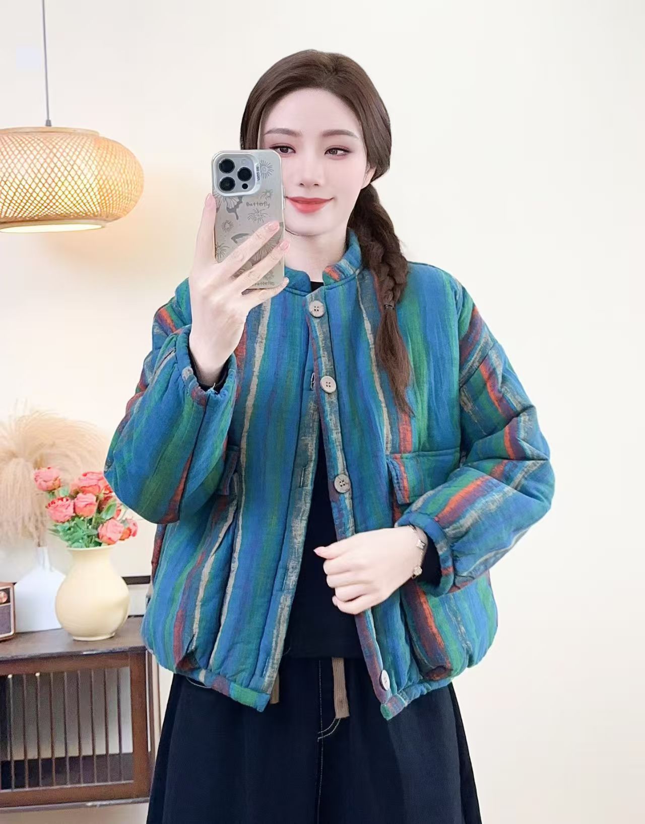 1004冬季大码宽松彩红条纹加绒加厚外套大口袋显瘦洋气复古棉服