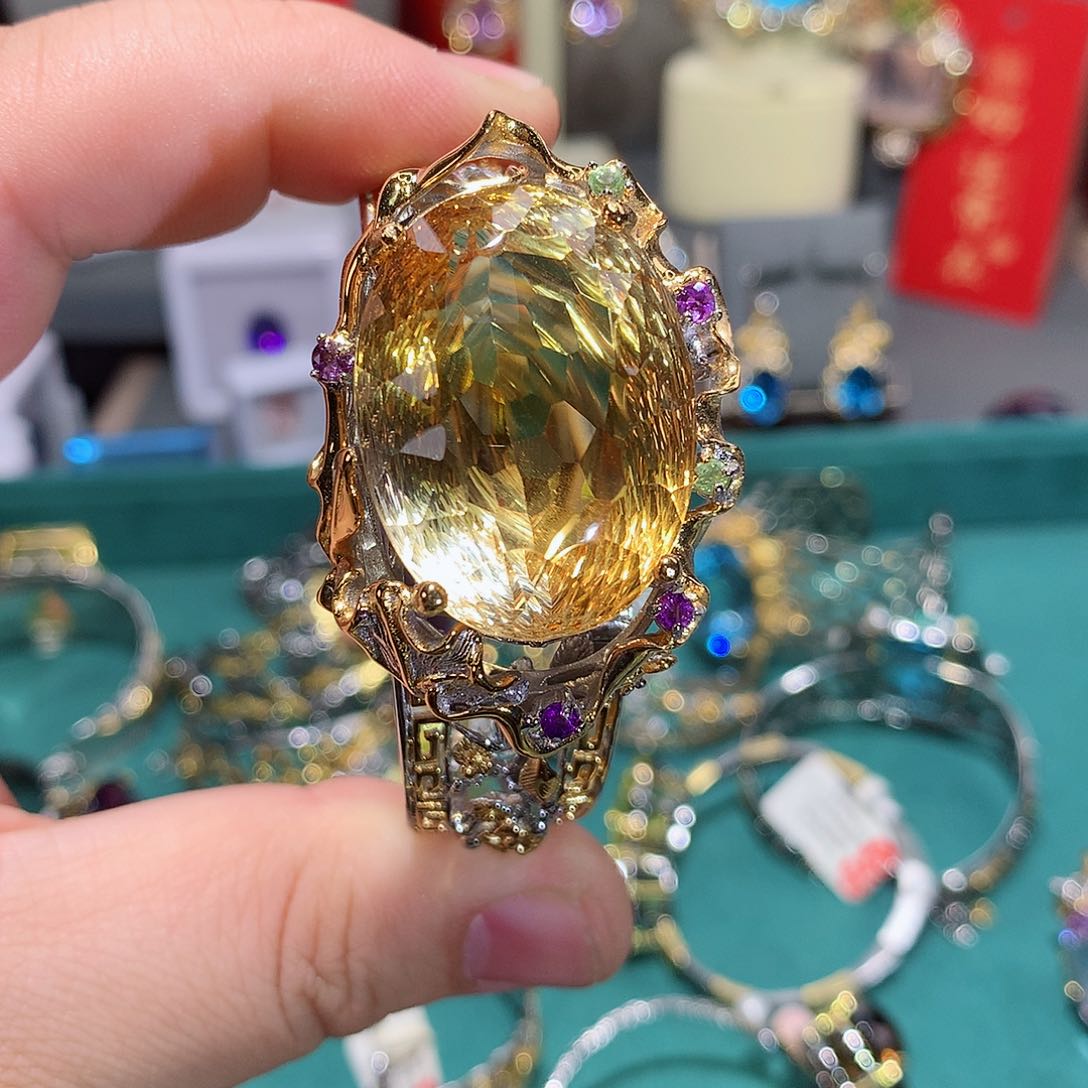 黄晶手镯银S925镶嵌手镯