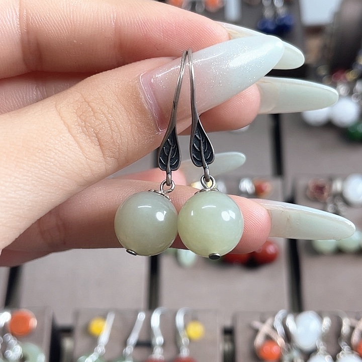 和田玉银S925镶嵌耳饰12左右