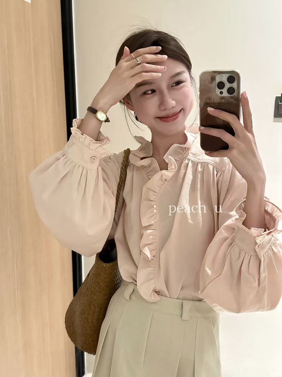 Peach自制 工艺感十足 颜色chao美! 独特立体花边领长袖衬衫10082