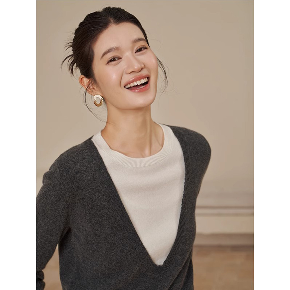 复古撞色大U领假两件毛衣女春秋款松弛感套头上衣知识分子针织衫