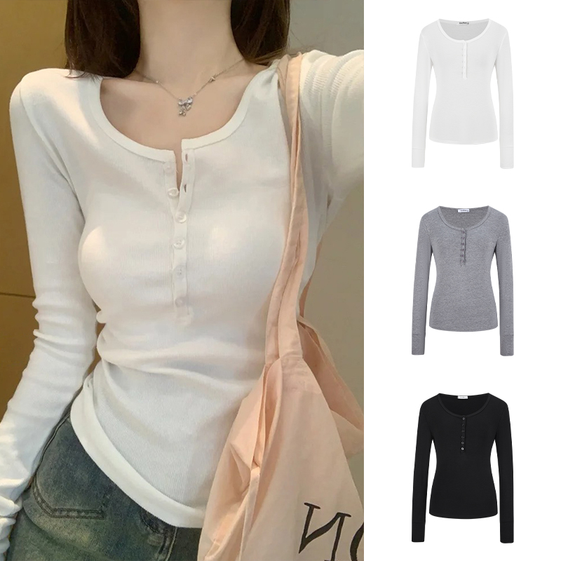 Moses Queen/魔西女王美式半开领纽扣长袖T恤秋修身正肩内搭上衣