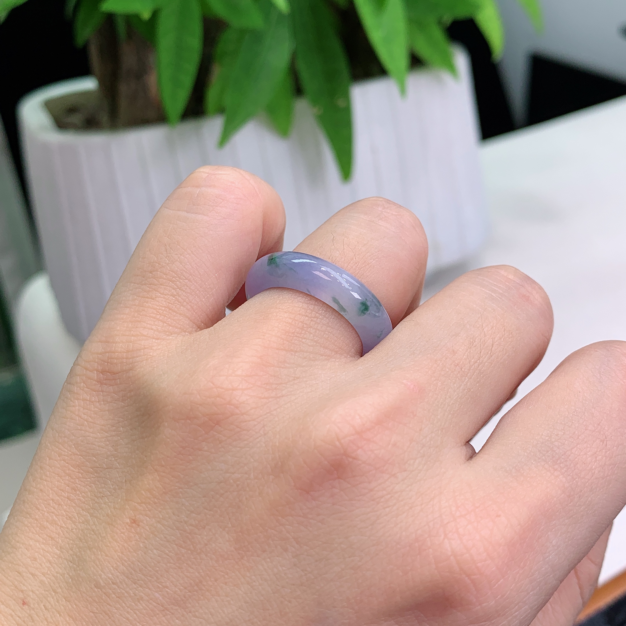 13-14圈口缅甸天然A货翡翠起胶莫奈花园系列紫罗兰素面戒指戒圈
