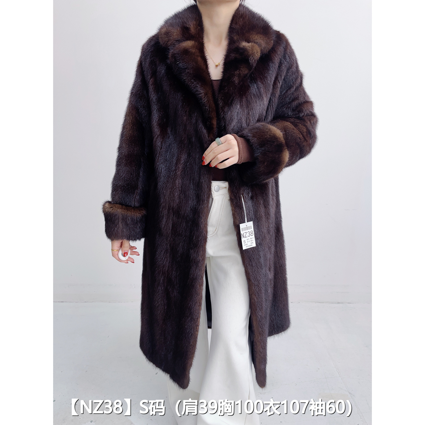 【NZ38】S 中古棕超长款全抽貂皮大衣外套女 西装领挽袖 24038
