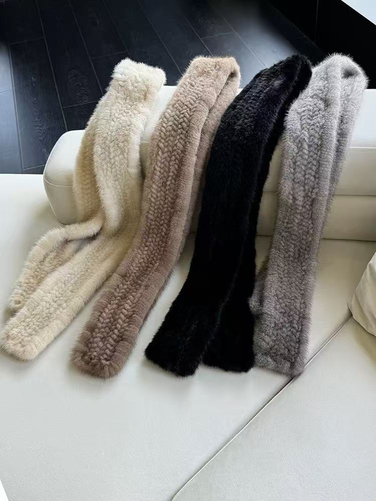 进口水貂毛加宽加大手工编织皮草长款围巾