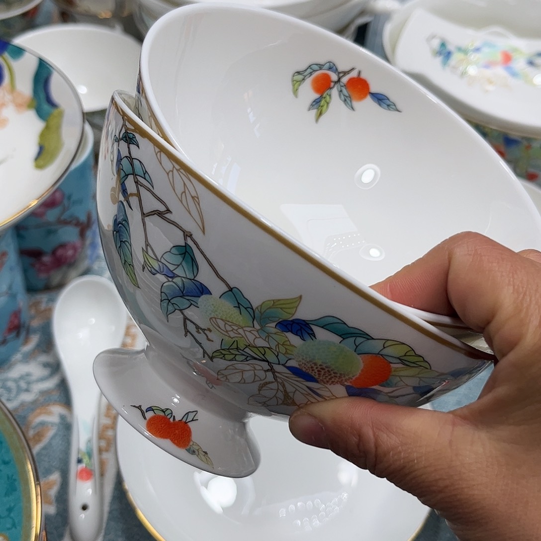 瓷片花*荔枝六寸面碗两个带鸟的