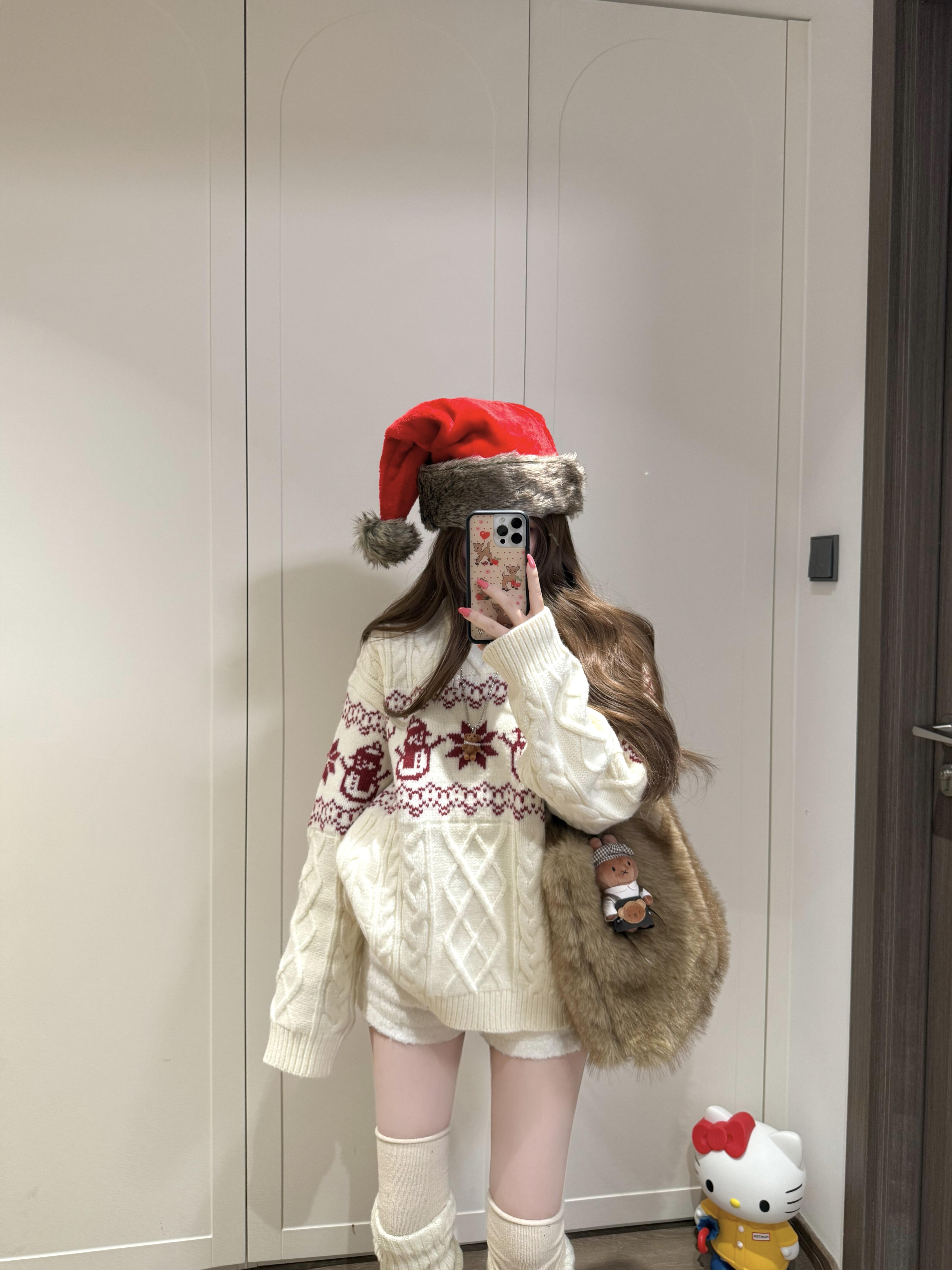 2025秋冬韩系慵懒风费尔岛圣诞提花圆领套头毛衣搭毛织短裤两件套