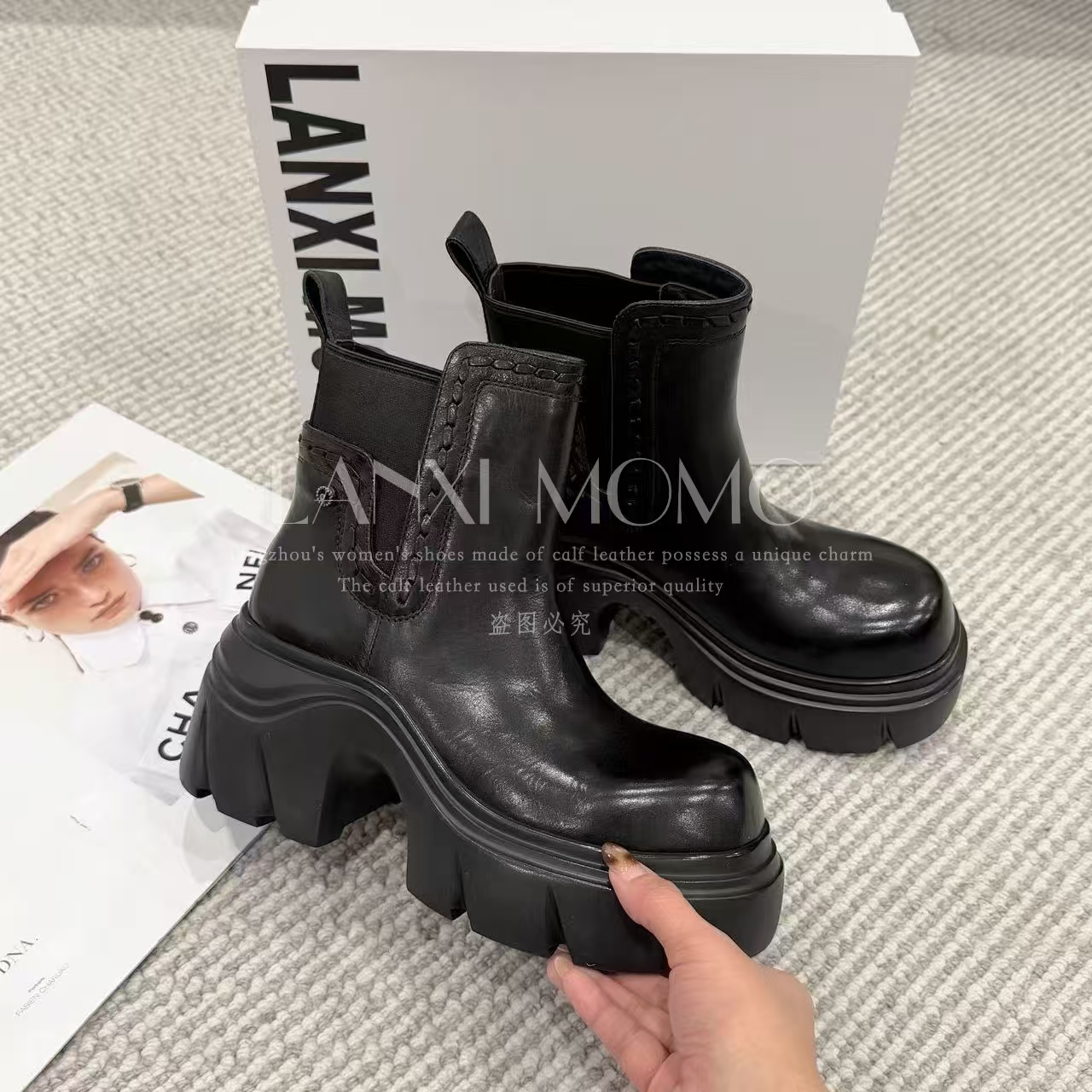  【LANXI  MOMO】时尚百搭黑色厚底英伦风秋冬圆头短靴25XZ820LX