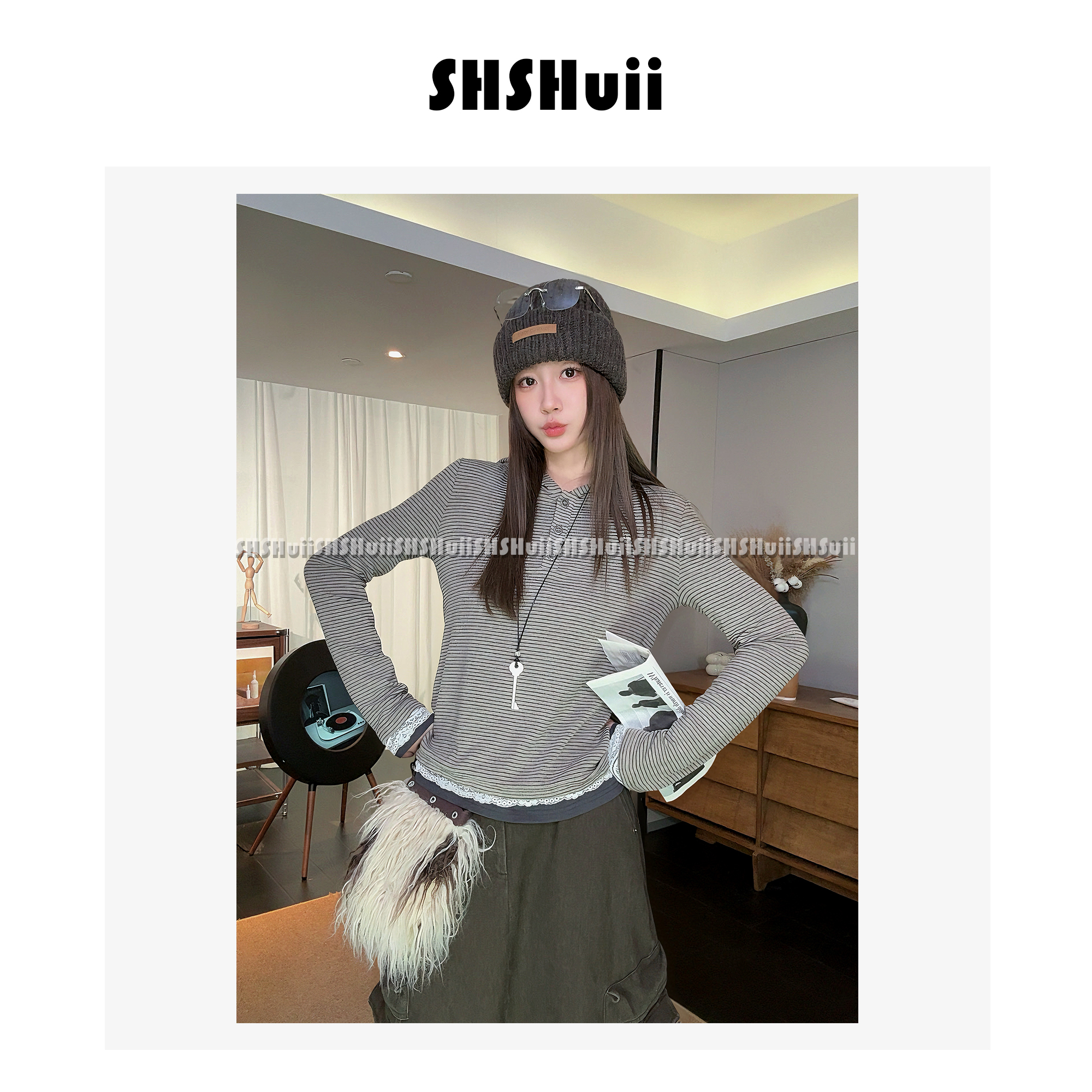 IN.SHuii【花瓣信札】蕾丝拼接条纹小卫衣打底/loaz