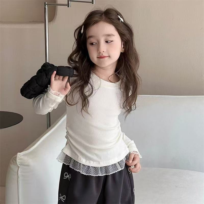 女童打底衫秋款2025新款蕾丝花边修身洋气韩版秋装儿童长袖t恤女