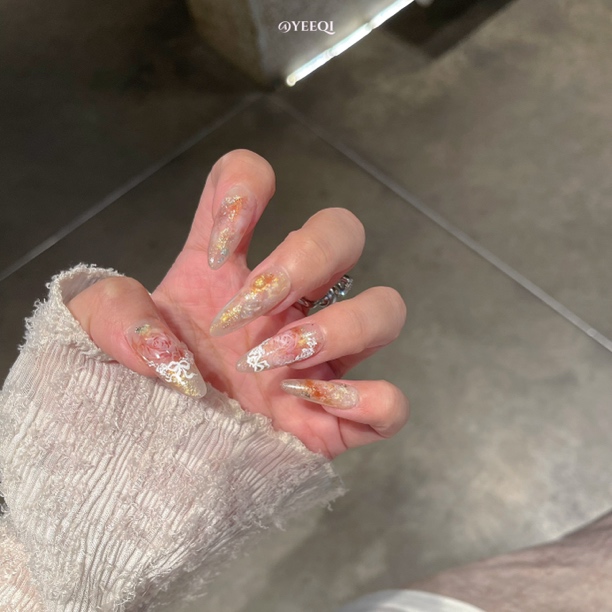 【重工场】Yeeqi | 琥珀玫瑰 水彩晕染花卉 手工穿戴甲定制