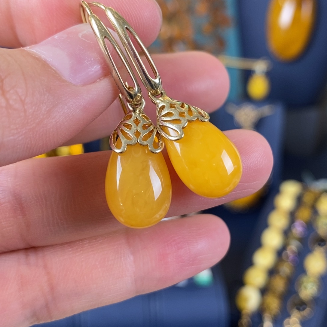 琥珀耳饰银S925镀金镶嵌