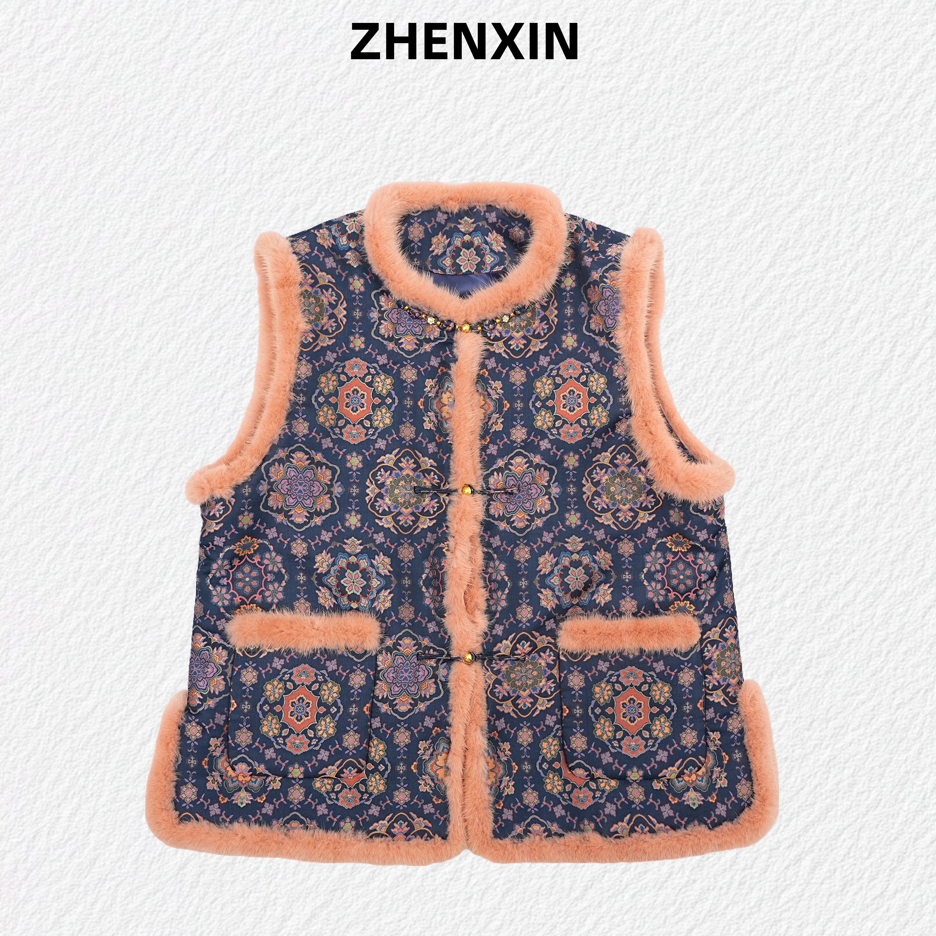 【墨青宝相花】陆美英宋锦马甲中式国风上衣厚款夹棉秋冬