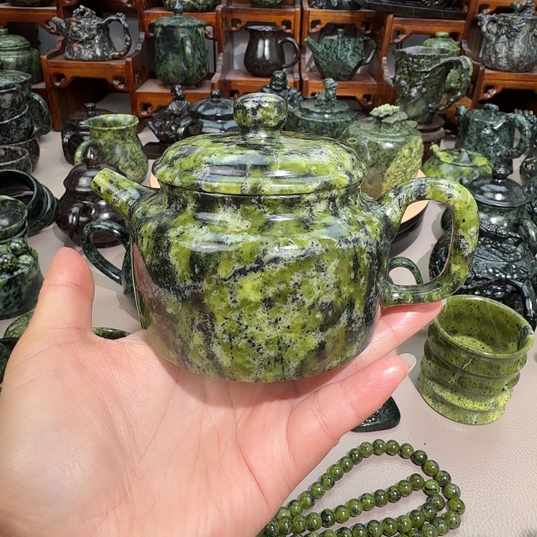 玫***韵蛇纹石玉未镶嵌藏玉药王石精美茶壶