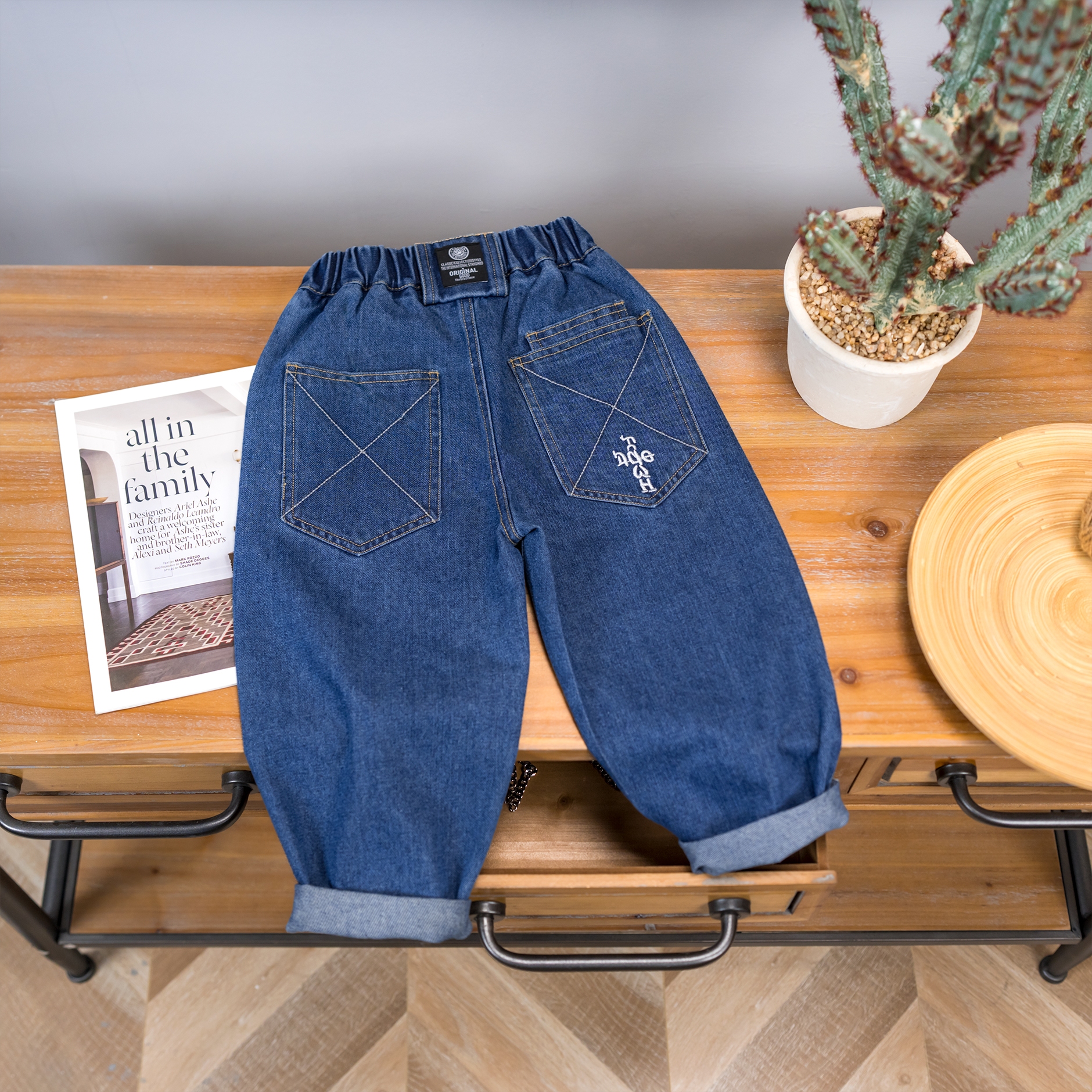 老粉】2025新款牛仔蓝纯色休闲裤男童牛仔裤子刺绣儿童老爹裤5515