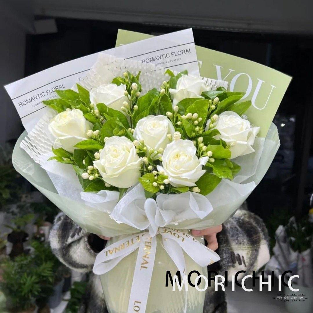 【陌上花开】7朵白玫瑰茉莉花混搭花束生日鲜花茉莉花束告白鲜花生日礼物生日鲜花店送花上门