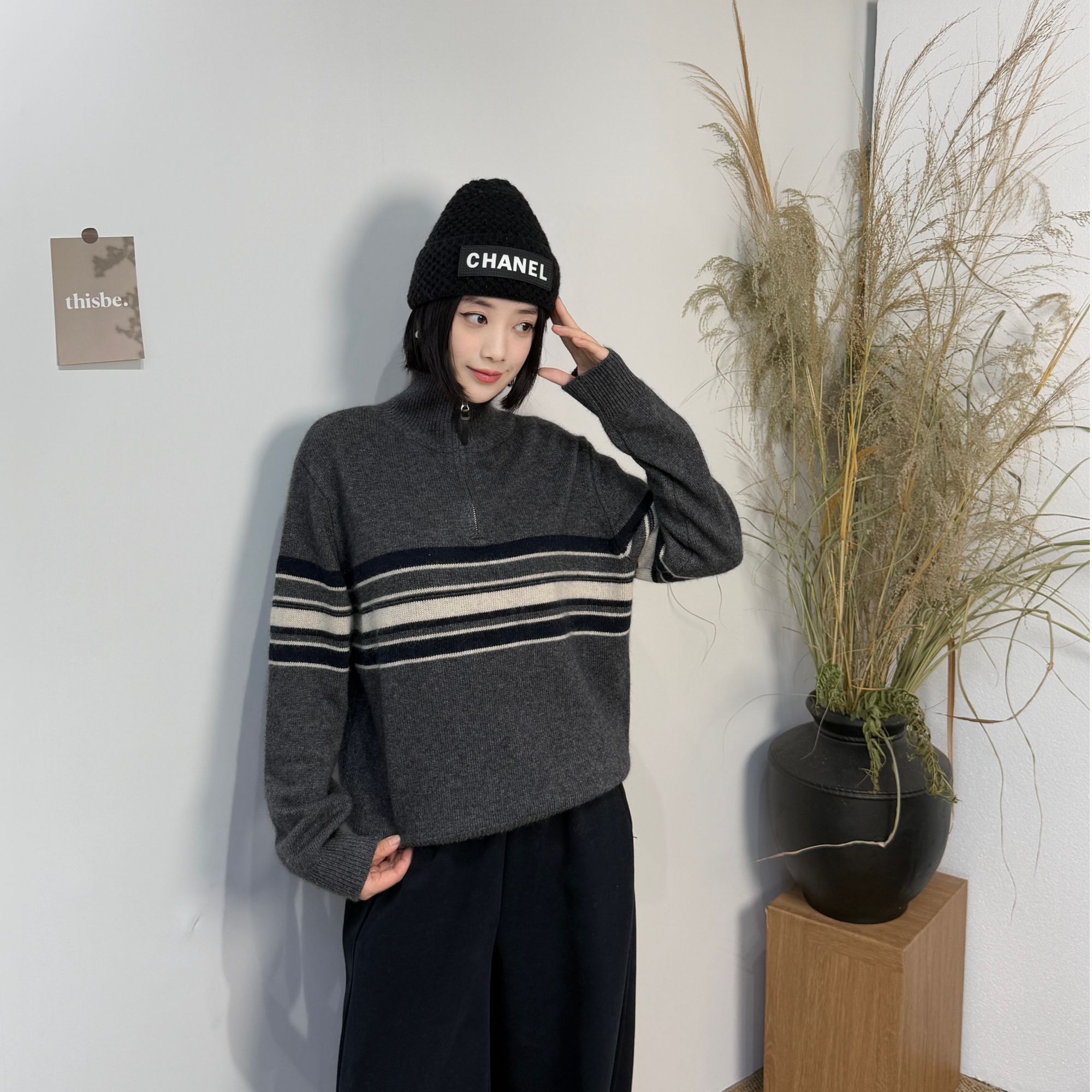 88553#宽松半拉链立领毛衣时尚条纹百搭显瘦针织衫打底衫2025秋冬