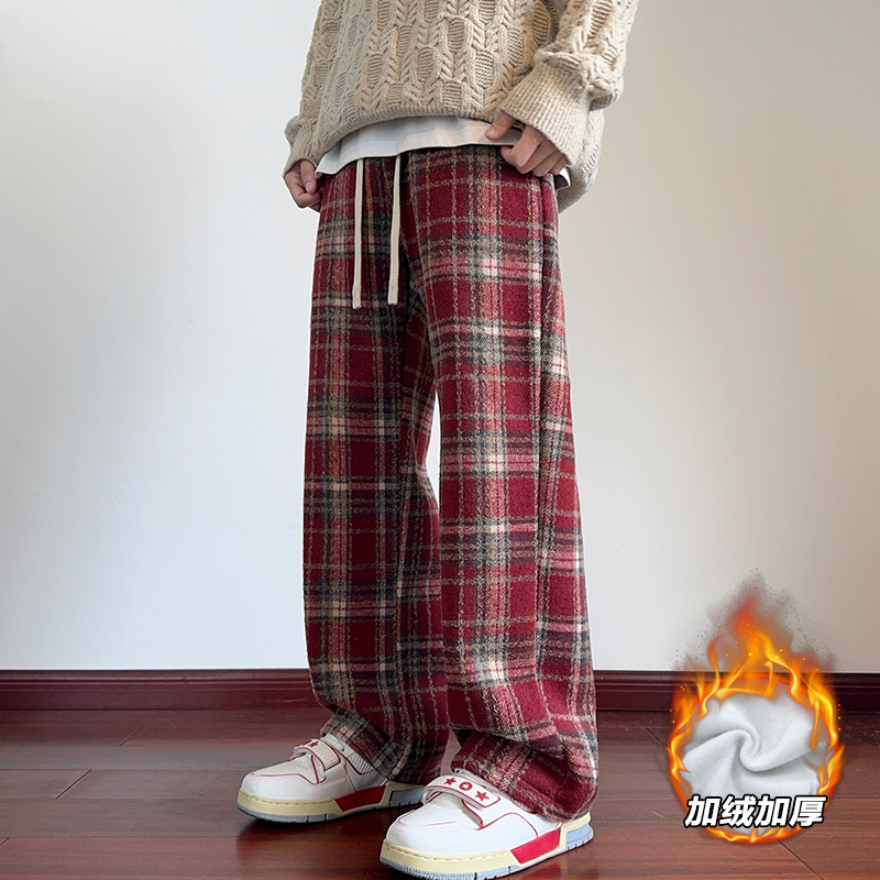 秋冬保暖男士新款潮流毛呢格子复古加绒日常宽松百搭休闲拖地长裤