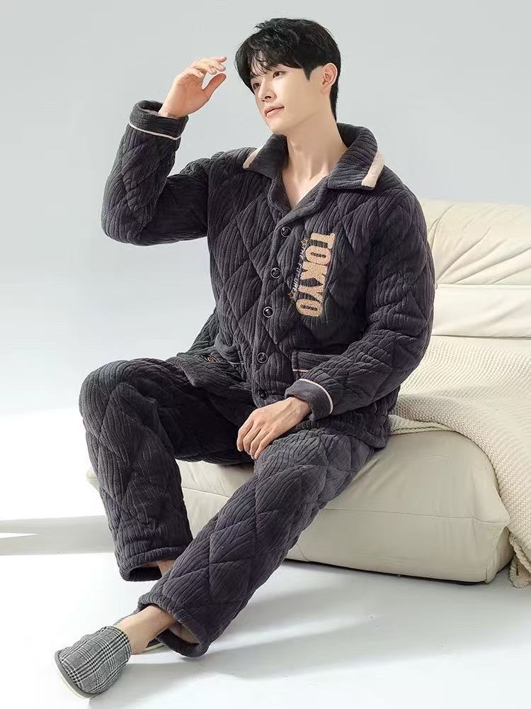 新款保暖冬季家居服套装男士加绒加厚睡衣短款大码宽松翻领纽扣款