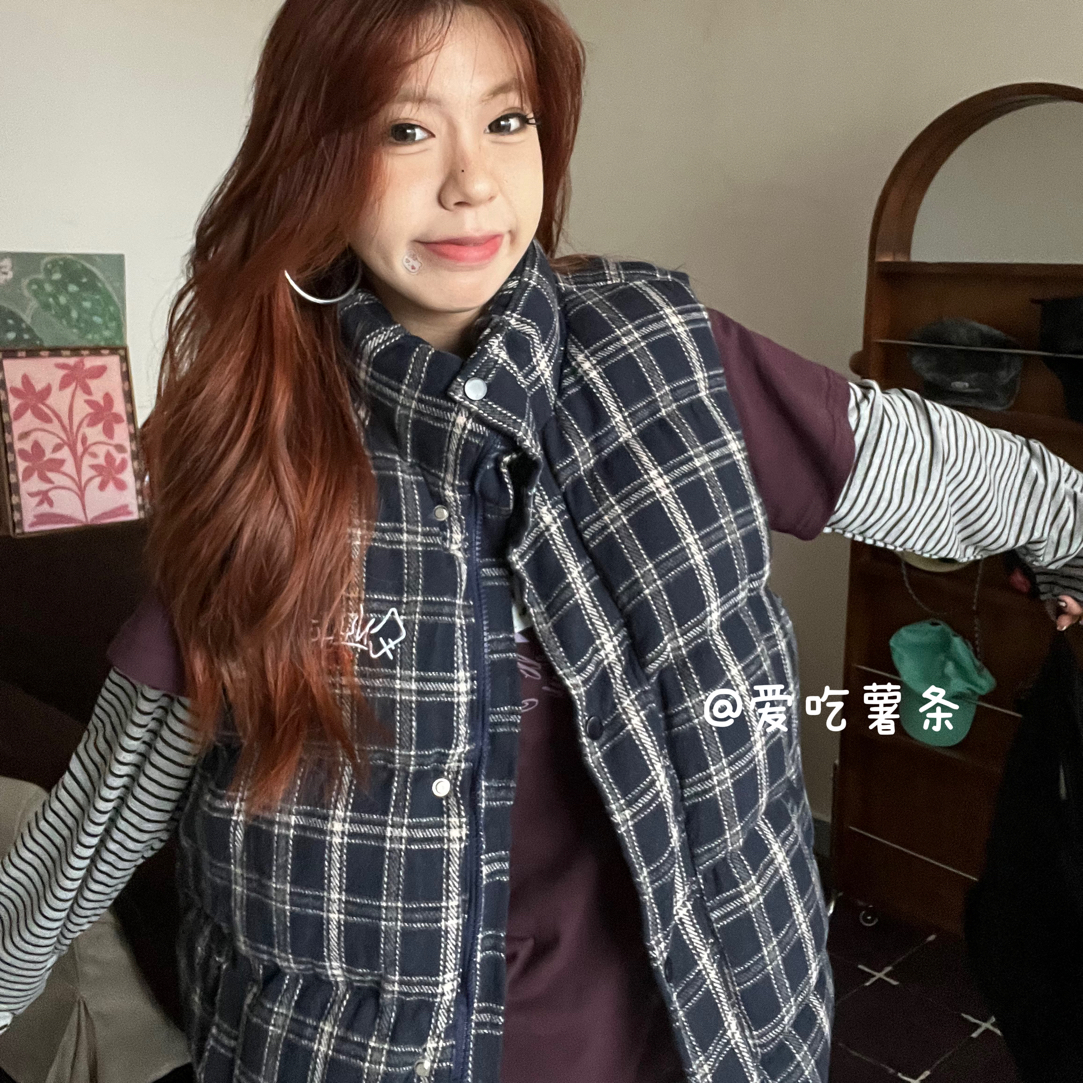 爱吃薯条【木屋】美式宽松复古简约格子冬季森系马甲棉服外套