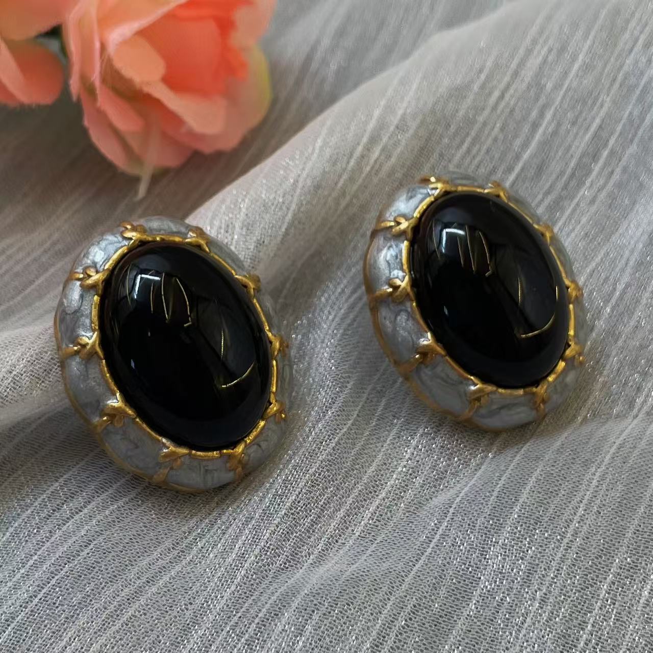 铜合金琉璃耳饰 气质手工黑色复古精美设计师宫廷风中古款式素款