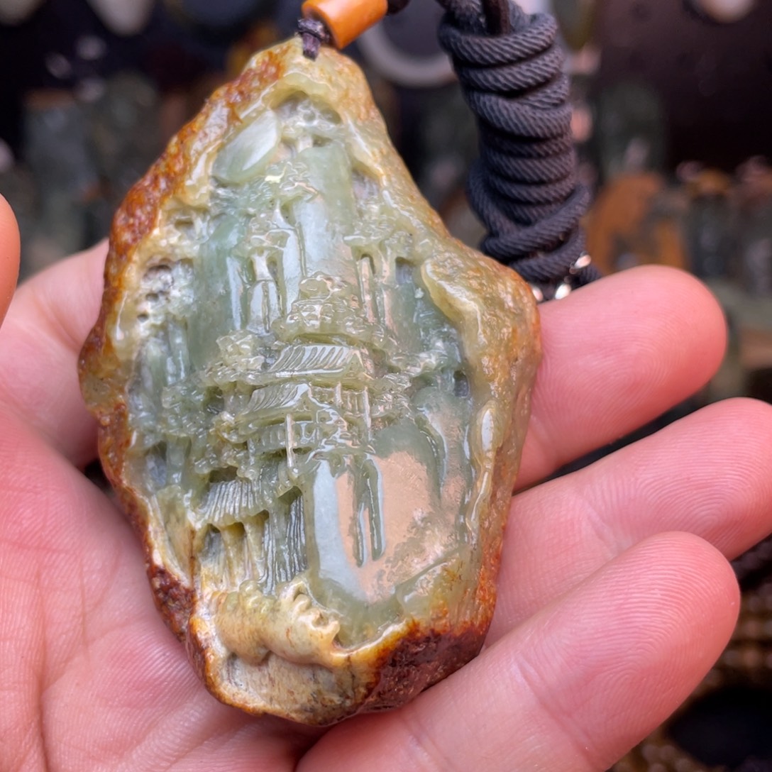 天***淡岫岩河磨玉（透闪石质玉）未镶嵌颈饰大山水手把件