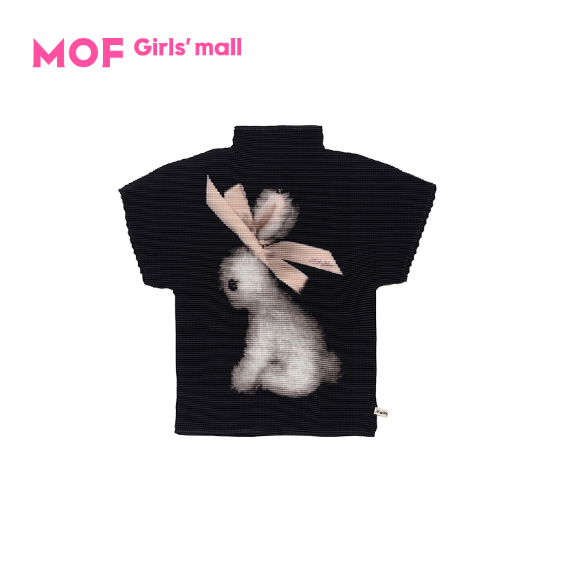 MOF少女百货黑色丝带兔印花褶皱衫蝴蝶结可爱小兔纯欲慵懒风女装