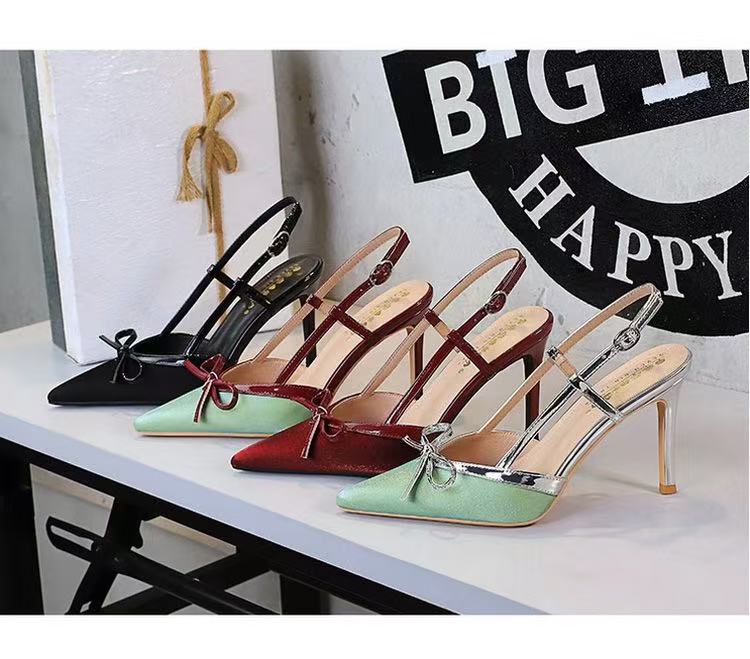 2025春夏款欧美风蝴蝶结尖头细跟高跟鞋百搭时尚不累脚后空女单鞋