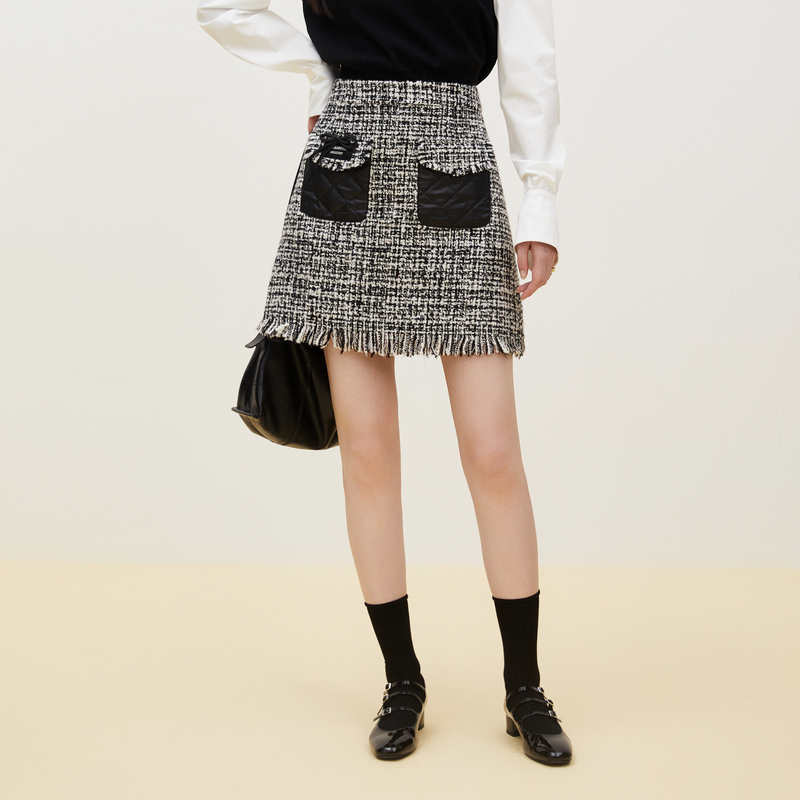 XG雪歌黑白粗花呢小香风半裙毛边拼接显瘦通勤高腰A字半身裙短裙