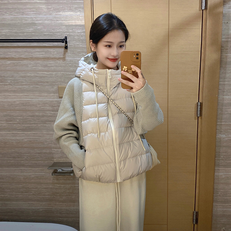 轻薄针织毛衣袖拼接棉服女短款假两件2025冬季新款棉袄外套