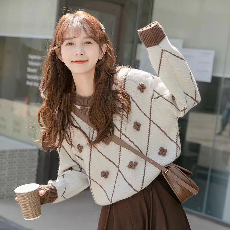 【单上衣】2024年早秋新款针织宽松毛衣菱格复古慵懒风菱形百搭