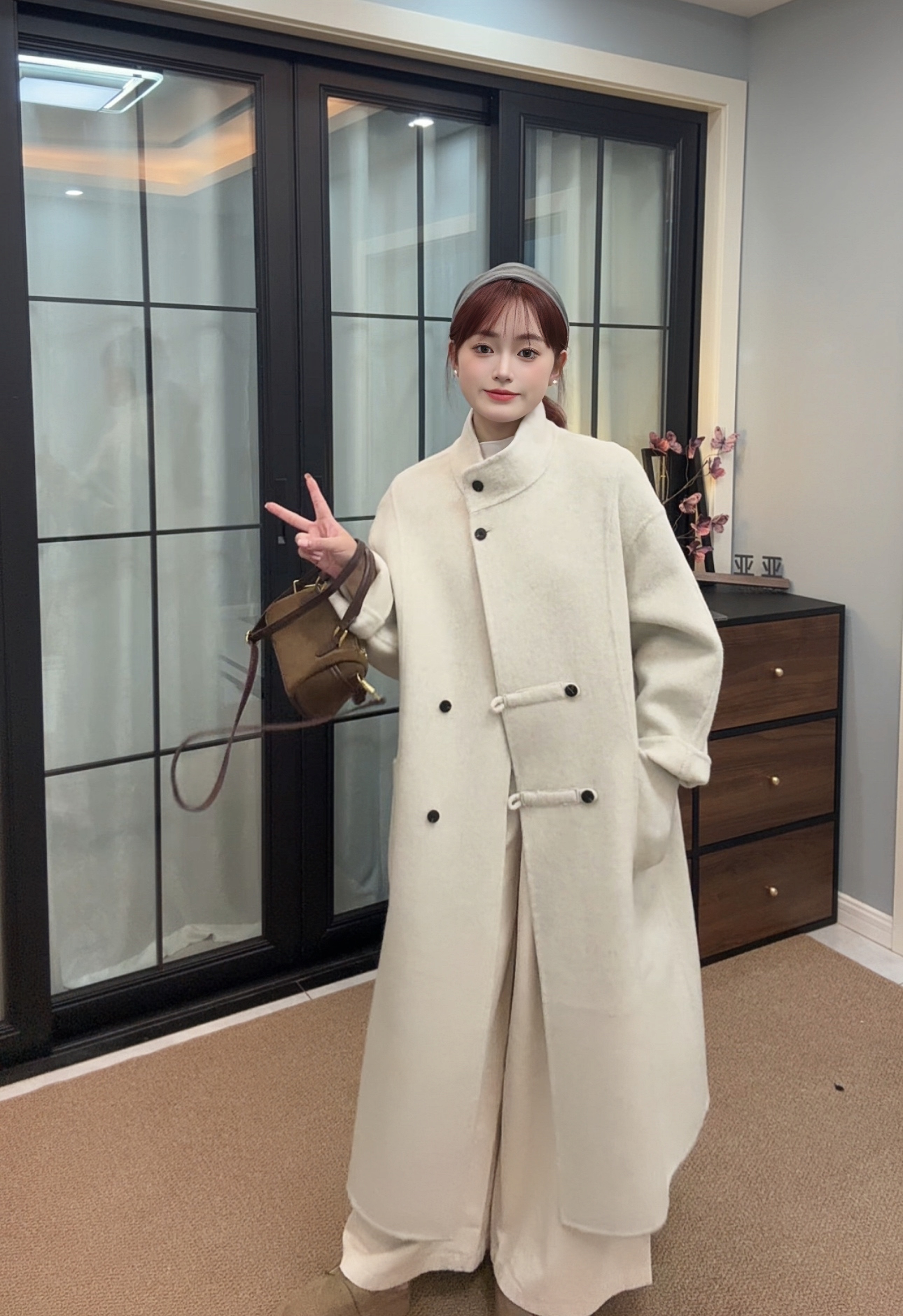 亚亚推荐【微风午后】新款韩系立领慵懒时尚气质毛呢双面羊毛大衣