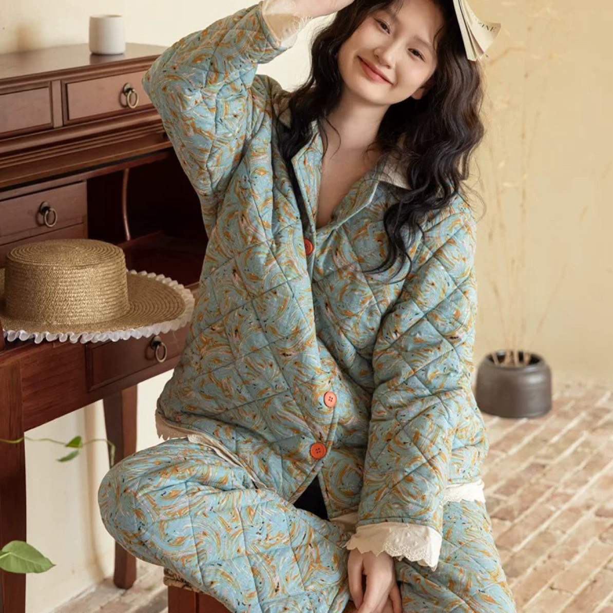 族马士三层加棉加厚可外穿碎花家居服套装