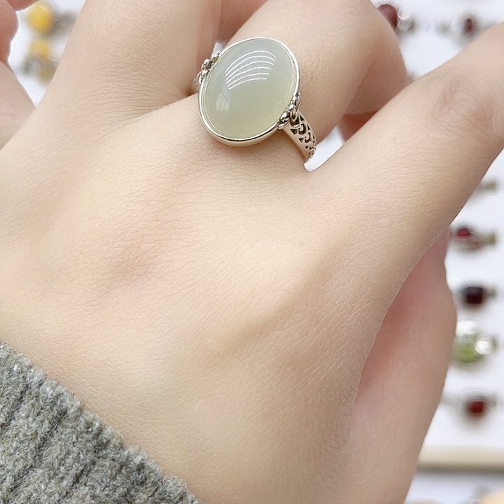 和田玉戒指银S925镶嵌天然