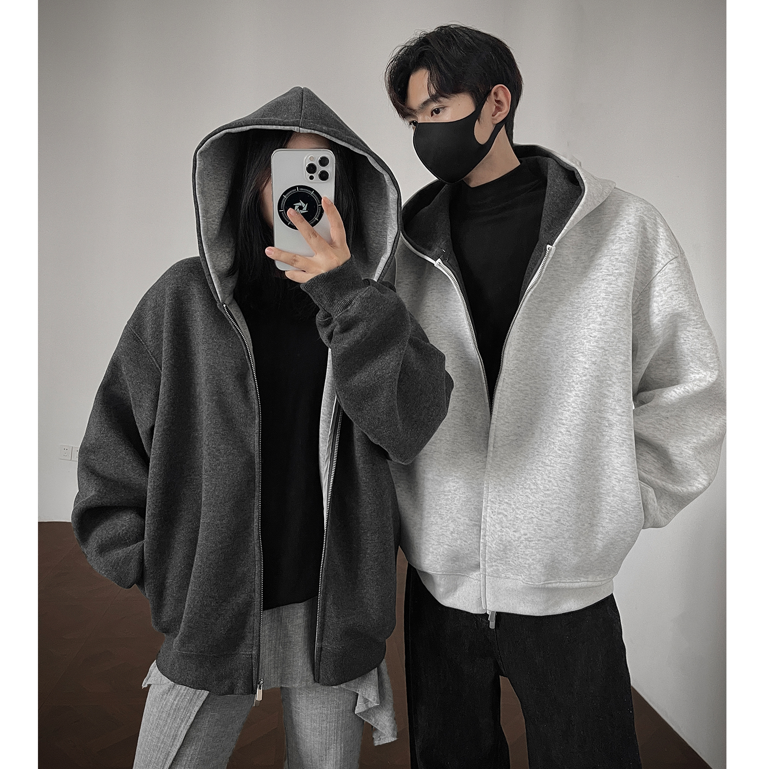 美式复古空气层连帽卫衣男女同款秋季高级感cleanfit重磅硬挺外套