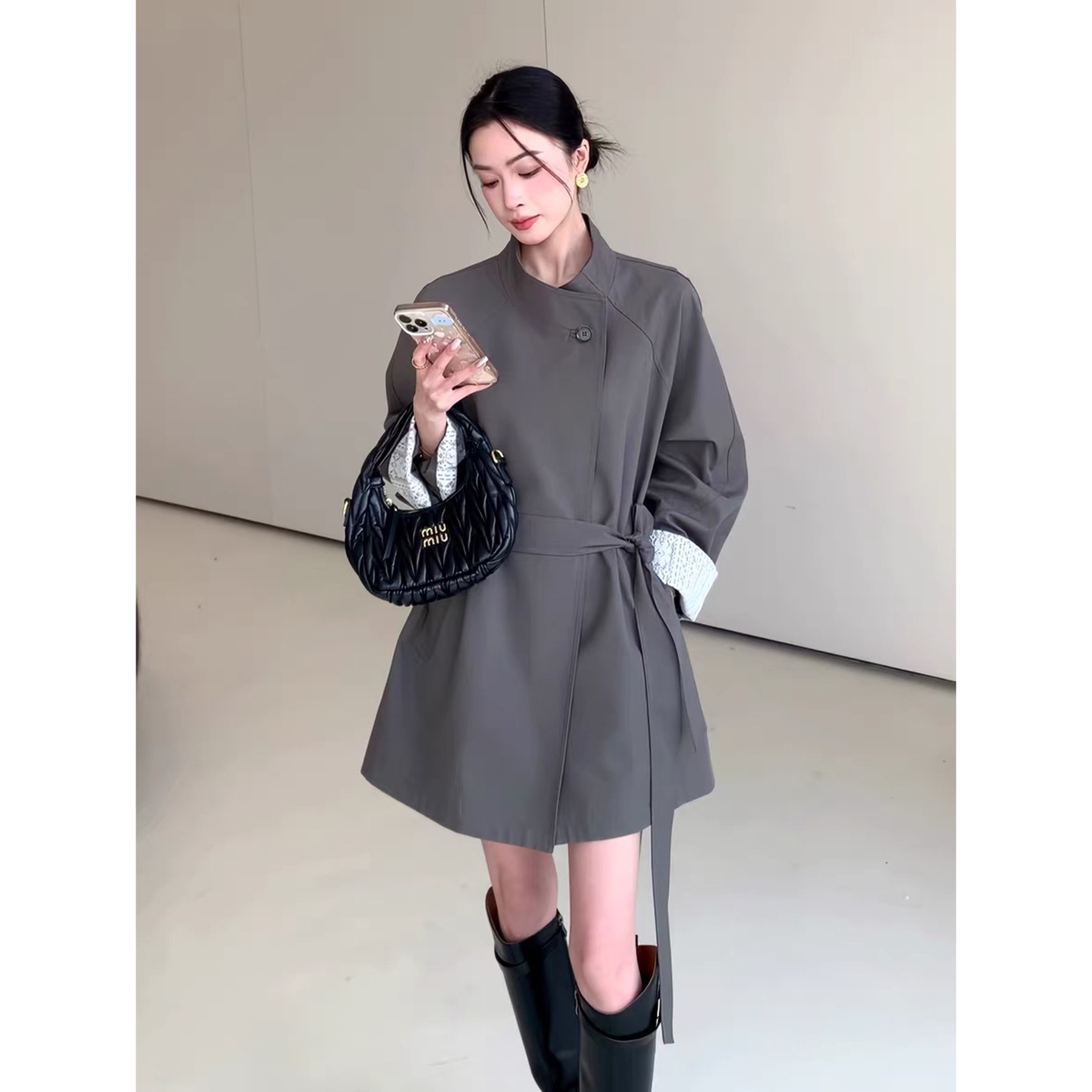 877韩版宽松系带中长款风衣