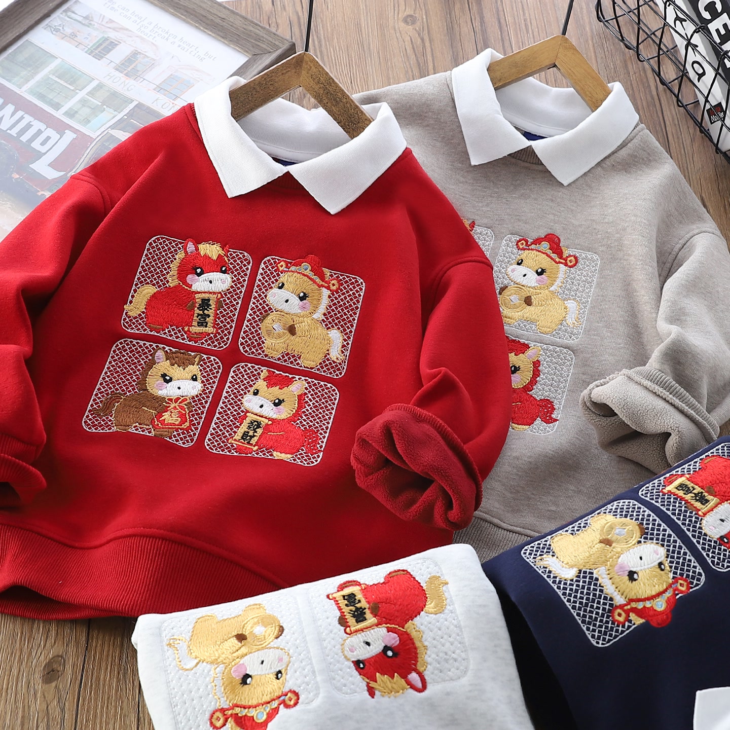 翻领马年刺绣加绒儿童卫衣中小童男童女童宝宝2026新款年服25858