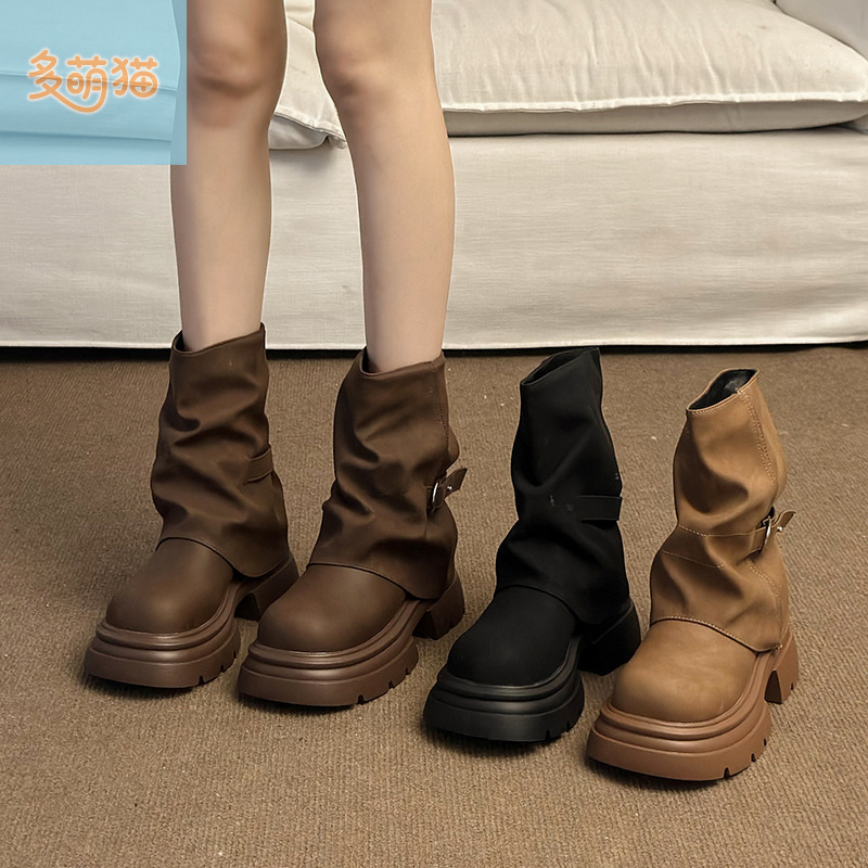 棕色复古美拉德厚底马丁靴女款2025新款秋季百搭增高堆堆裤管靴子