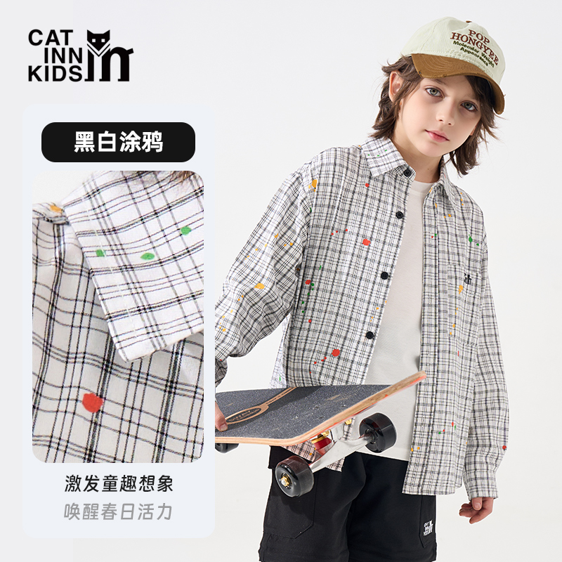 CATINN2025春秋经典男童格子衬衫春秋长袖休闲活力儿童时尚春季
