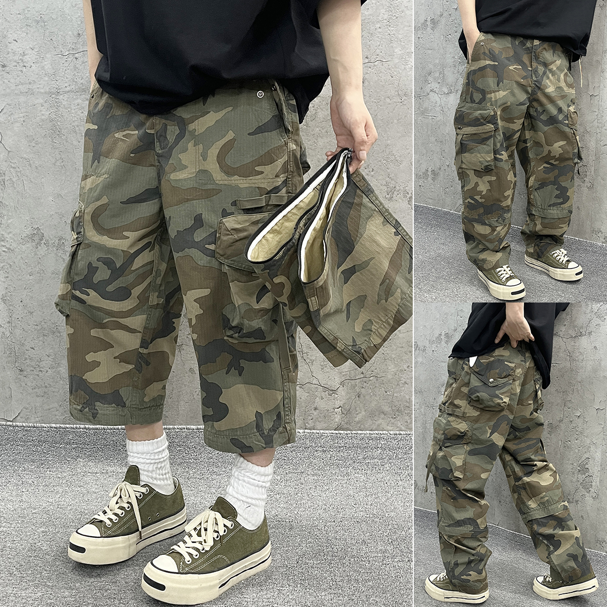 尹小鸡 美式复古重磅水洗【可拆卸一裤两穿迷彩裤】工装裤男女 8001