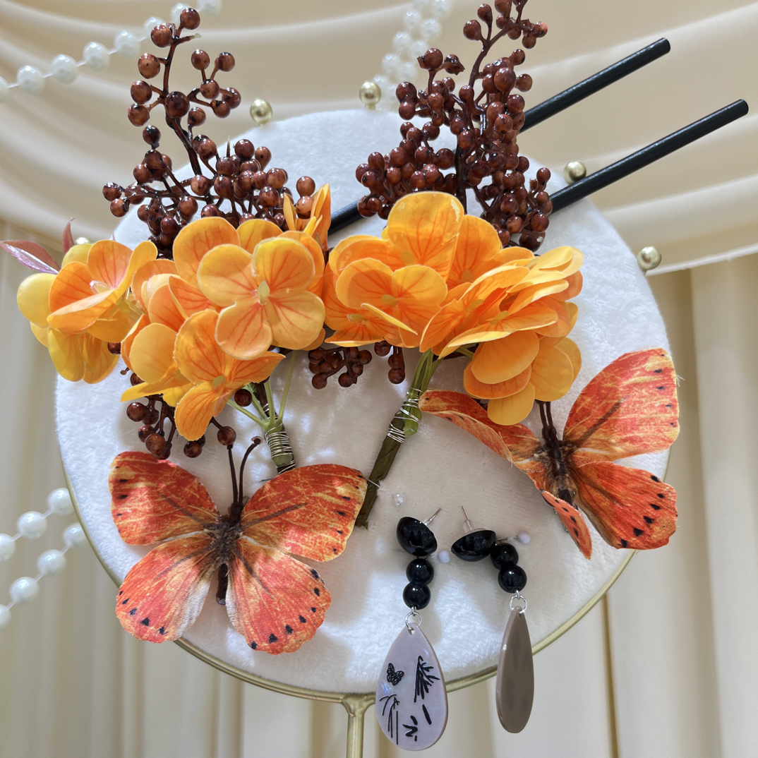 橘黄色新娘头饰百搭款