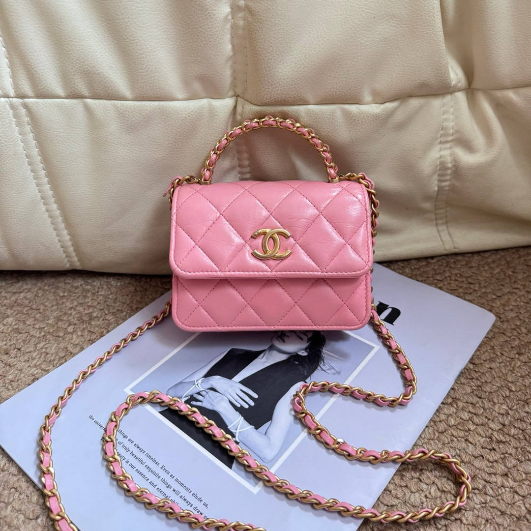 95新 Chanel/香奈儿 fl66淡粉羊22K手柄斜挎小废包687333118